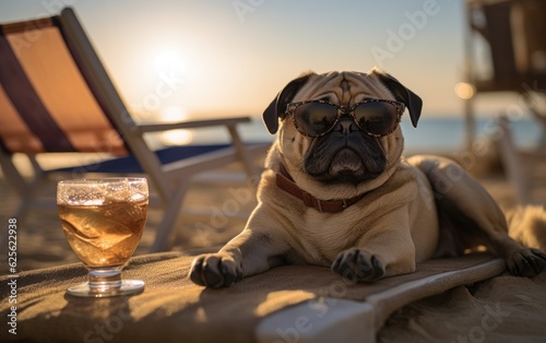 Pug wearing sunglasses sitting on the bench at the beach. © hugo