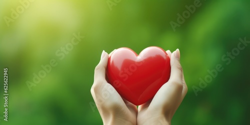 Young women hands holding red heart health care  donate and family insurance concept world heart day  world health day  CSR responsibility  adoption foster family  hope  gratitude  kind  generative ai