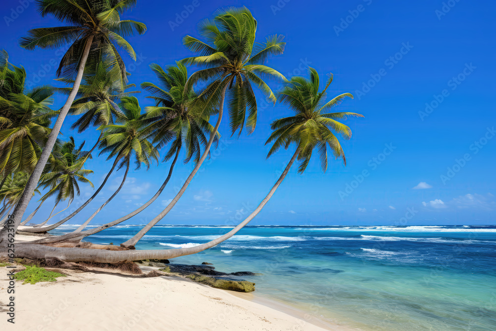 Coconut Trees On Beach With Blue Sky Background. Generative AI