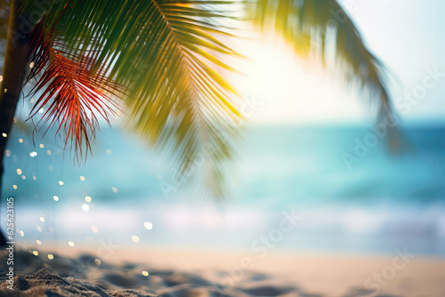 Blurred Palm Tree On Sand With Tropical Beach Bokeh . Copy Space. Generative AI