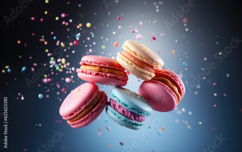 Colorful macaroons fly on the blue background.