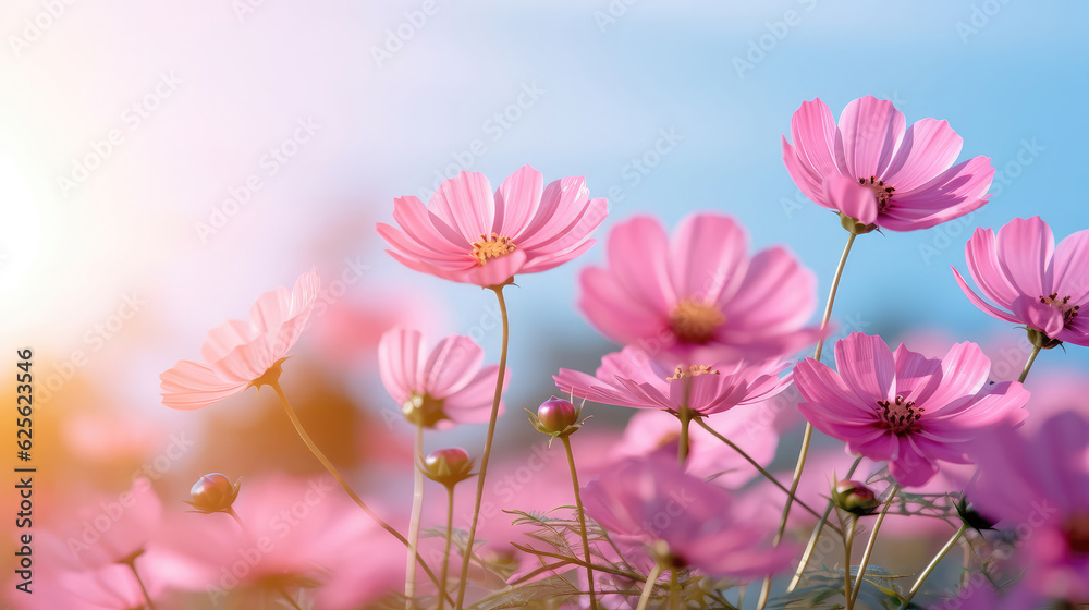 Vibrant Pink Floral Meadow: Soft Pastel Blooms in a Tranquil Countryside Landscape Vibrant Pink Floral Meadow: Soft Pastel Blooms in a Tranquil Countryside Landscape