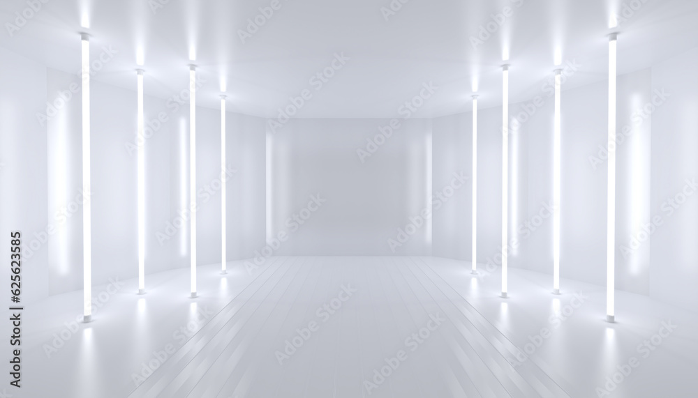 Fototapeta premium Abstract white background scene. Bright light from vertical lamps