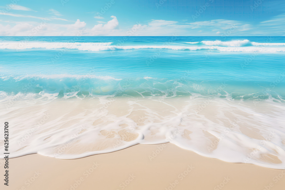 Soft Wave Of Blue Ocean On Sandy Beach. Copy Space. Generative AI