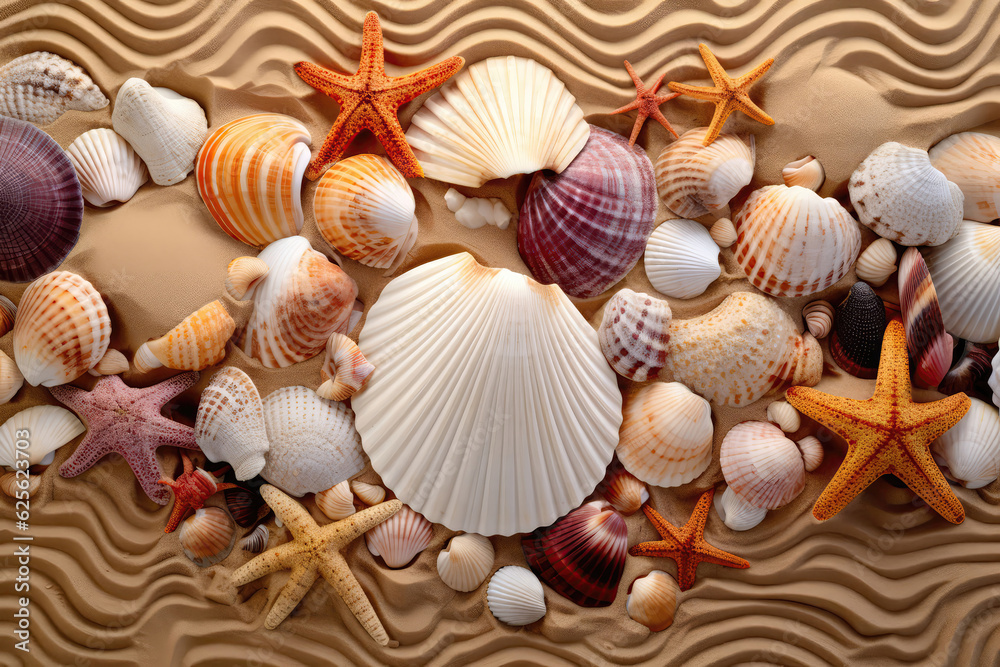 Sea Shells Arranged In Sand Pile From Top View. Generative AI
