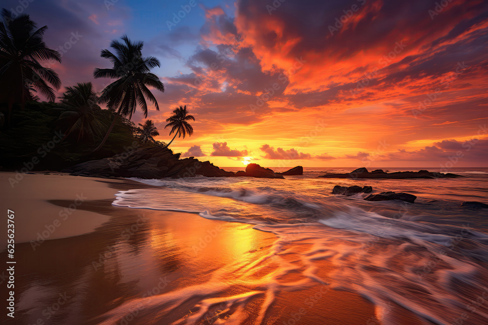 Vibrant Sunset Over Sandy Tropical Beach. Generative AI