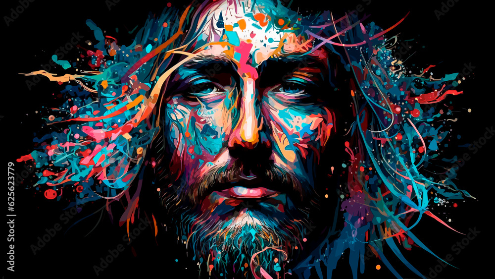 Portrait of Jesus Christ with colorful paint splashes on black background.