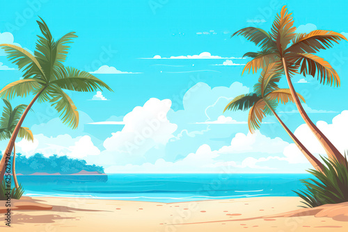 Summer Beach Scene With Sand And Palm Trees. Generative AI © Anastasiia