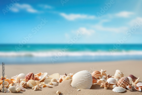 Travel Concept With Sea Shells On Sandy Beach. Copy Space. Generative AI