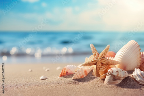 Travel Concept With Sea Shells On Sandy Beach. Copy Space. Generative AI
