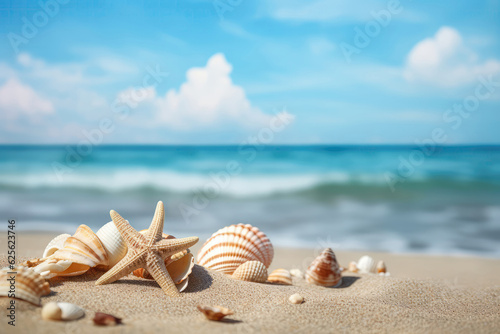 Summer Beach Vacation With Sand And Seashells. Generative AI