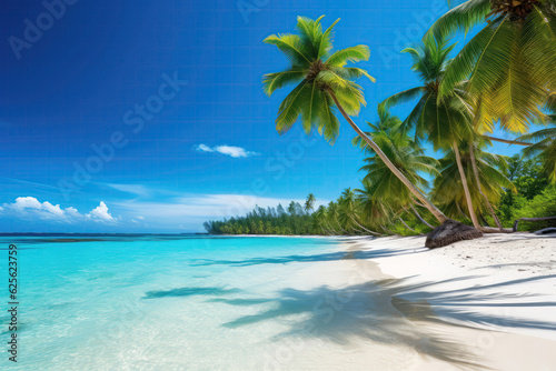Tropical Paradise With Palm Trees And Sandy Shore. Generative AI © Anastasiia