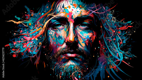 Portrait of Jesus Christ with colorful paint splashes on black background.