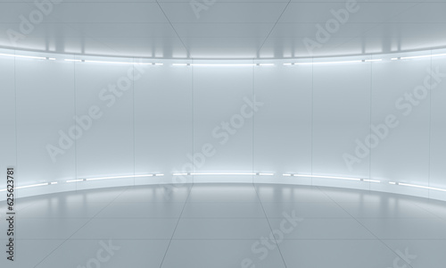 Minimalistic abstract white background stage. Neon light from lamps on walls of circular room. 3d illustration