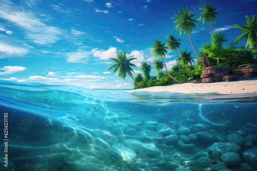 Tropical Paradise With Palm Trees And Sandy Shore. Copy Space. Generative AI