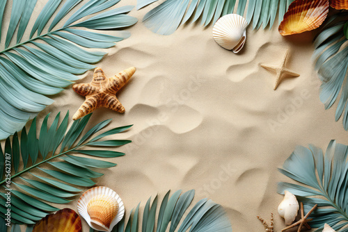 Tropical Beach Flat Lay With Leaves And Seashells. Copy Space. Generative AI
