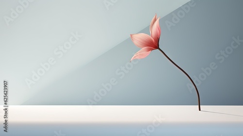 Fotografering a single pink flower on a white table with a blue background