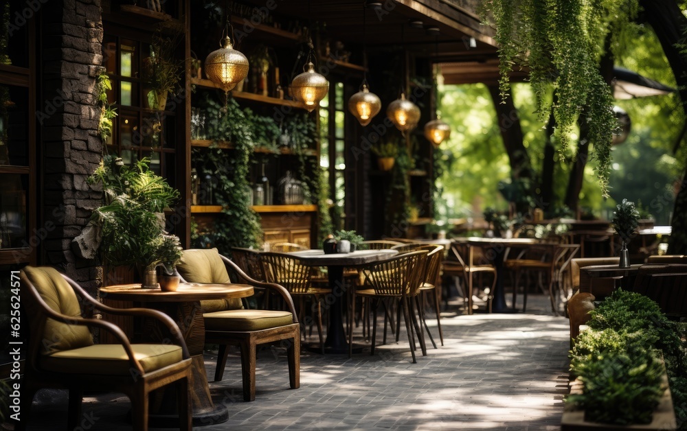 A wooden style of jungle cafe with chairs and tables.