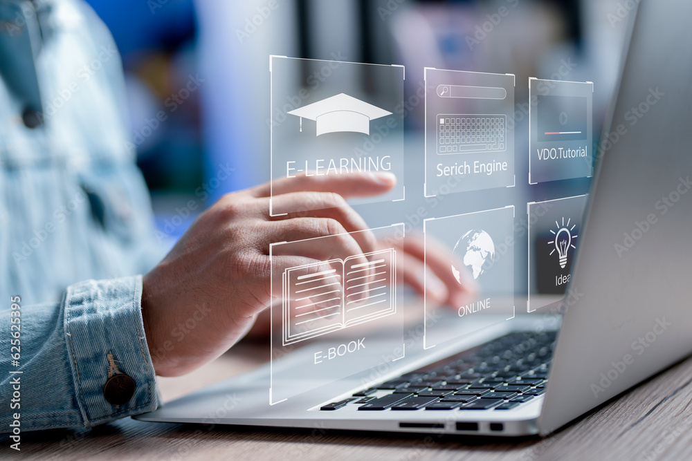 custom made wallpaper toronto digital..Concept of Online education. man use Online education training and e-learning webinar on internet for personal development and professional qualifications. Digital courses to develop new skills...