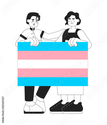 Transgender people support each other monochromatic flat vector characters. Editable thin line full body lgbt people holds trandgender flag on white. Simple bw cartoon image for web graphic design