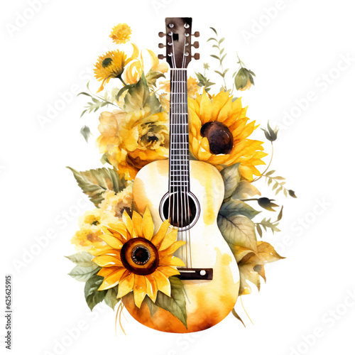 Guitar with Flowers Watercolor Clip Art, Watercolor Illustration, Flowers Sublimation Design, Flowers Clip Art.