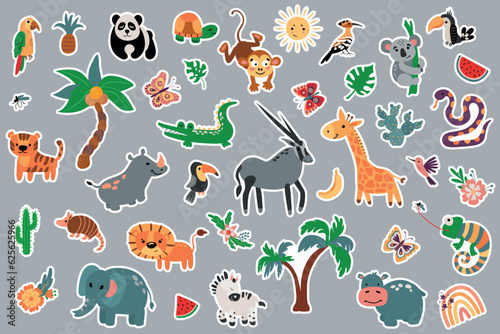 Canvas Print Safari animals sticker set. Drawn style.