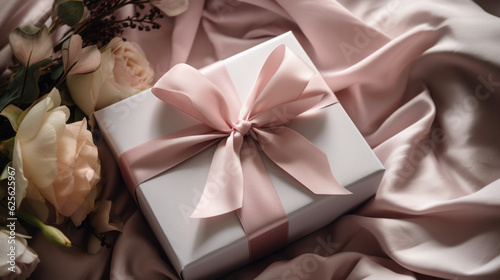 Happy holidays, luxe shopping and love gifts concept. Luxury holiday silk gift box and bouquet of flowers on textured background, romantic surprise as birthday or Valentines Day present. Ai generated.