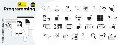 Programming monochrome concept vector spot illustrations bundle. Busy freelancer working on laptop 2D flat bw cartoon characters for web UI design. Isolated editable hand drawn hero image collection