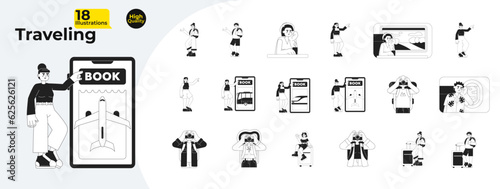 Travelers go on vacation flat concept vector spot illustrations bundle. Planning trip. Traveling 2D cartoon characters on white for web UI design. Isolated editable creative hero image collection