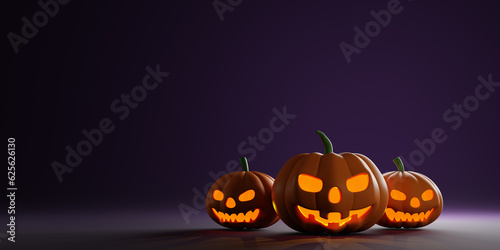 3d Rendering. Design for Halloween banner with pumpkin on purple background. With copy space.