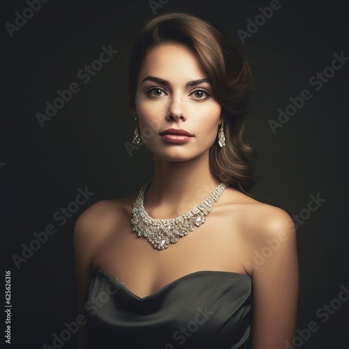 beautiful woman model in jewelry holding ring and necklace