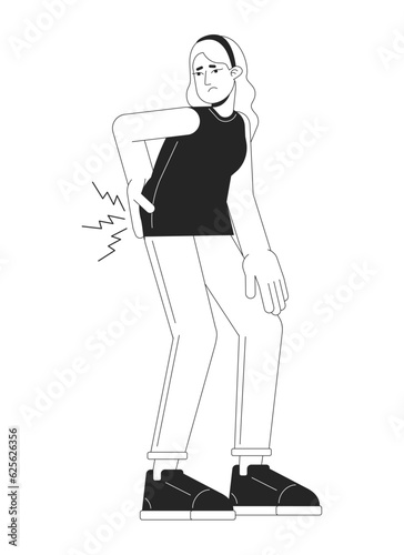 Woman has back pain flat line black white vector character. Editable outline full body unhappy traumed woman on white. Healthcare simple cartoon isolated spot illustration for web graphic design