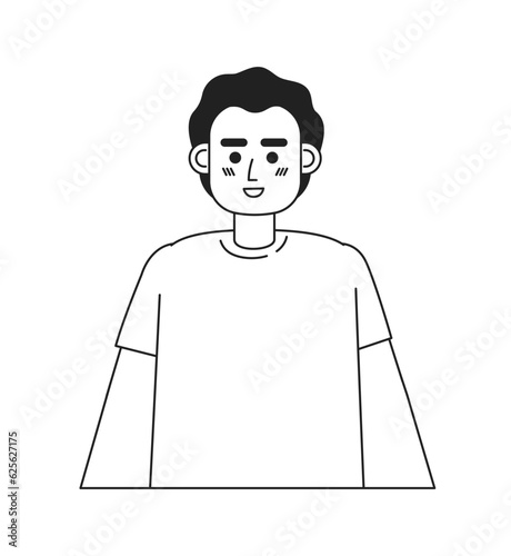 American young boy monochromatic flat vector character. Curly hair preteen kid wearing tshirt. Editable thin line half body person on white. Simple bw cartoon spot image for web graphic design