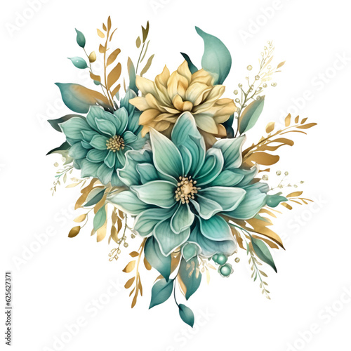 Teal and Gold Flowers Watercolor Clip Art, Watercolor Illustration, Flowers Sublimation Design, Flowers Clip Art.