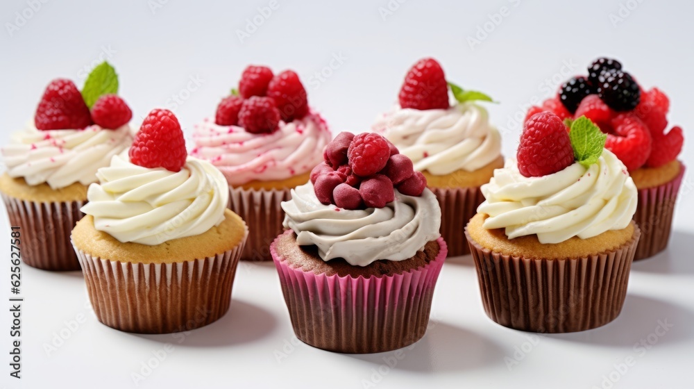 Illustration of delicious cupcakes with colorful frosting and fresh berries on top created with Generative AI technology