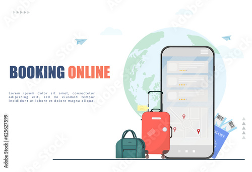 Mobile phone with mobile app for booking hotel on the screen, online hotel reservation, tourist traveling concept, flat vector illustration