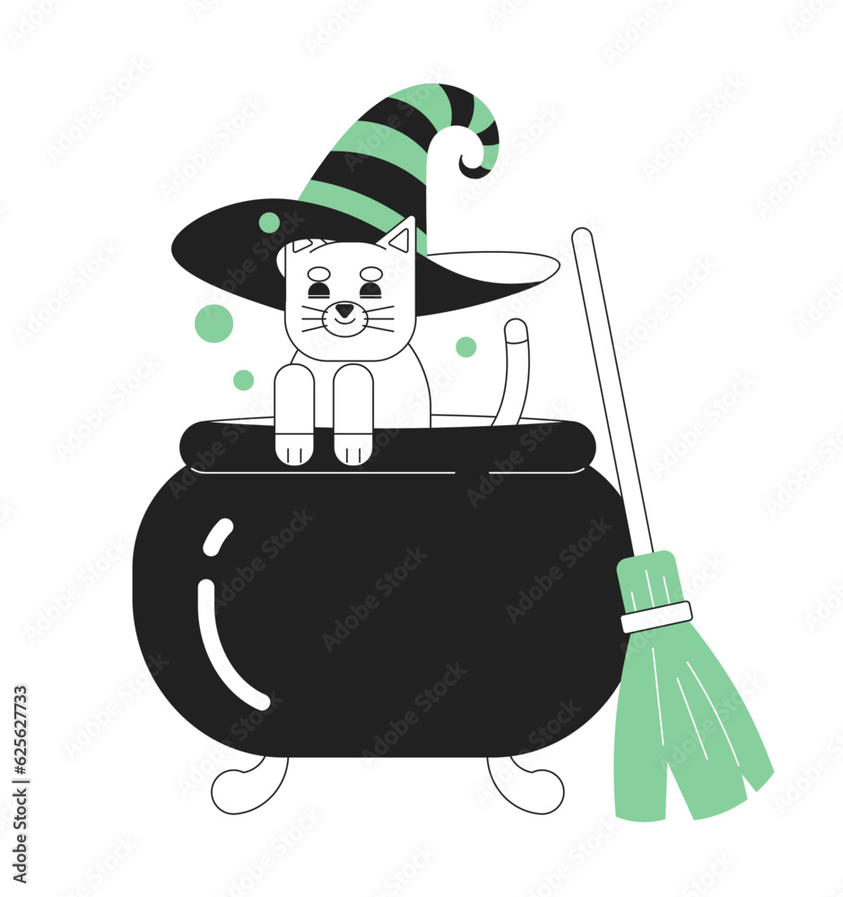 Cauldron cat monochrome concept vector spot illustration. Animal in halloween costume 2D flat bw cartoon character for web UI design. Cute kitten with witch hat isolated editable hand drawn hero image