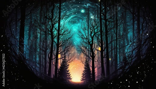 beautiful and starry dark space forest wallpaper in anime style generative ai