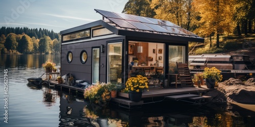 A small houseboat with a solar panel on the roof. Generative AI. . photo