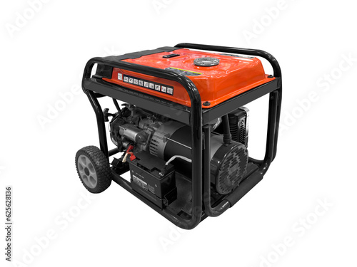 Portable electric AC generator isolated on white background. Diesel or petrol generator for home and industrial use. Gasoline powered engine. Backup energy.