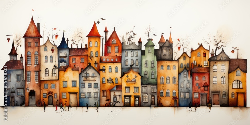 A painting of a row of houses with people walking in front of them. Generative AI. .