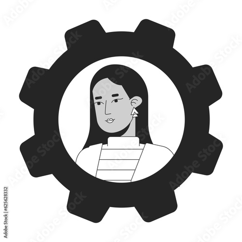 Middle eastern business woman black white cartoon avatar icon. Editable 2D character user portrait, linear flat illustration. Vector face profile cogwheel. Outline person head and shoulders