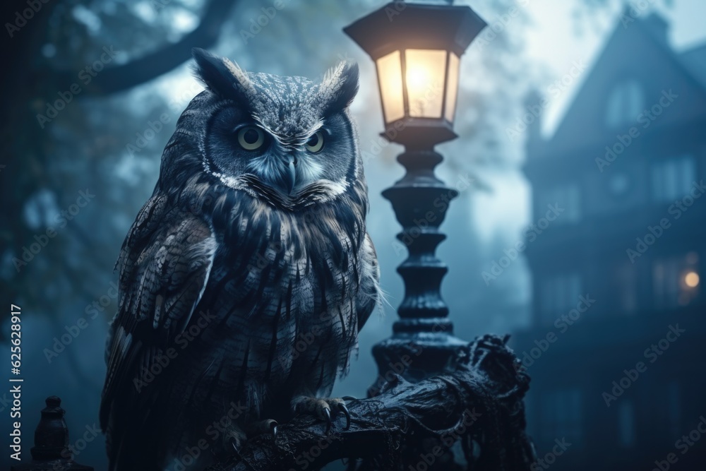 Fototapeta premium An owl sitting on a tree branch next to a lamp post. Generative AI. .