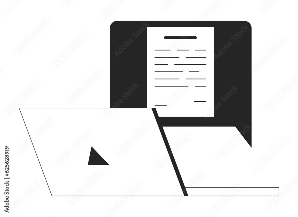 Notification message on laptop flat monochrome isolated vector object. Laptop computer office. Editable black and white line art drawing. Simple outline spot illustration for web graphic design Notification message on laptop flat monochrome isolated vector object. Laptop computer office. Editable black and white line art drawing. Simple outline spot illustration for web graphic design