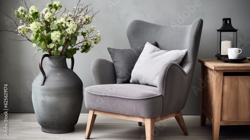 grey armchair next to wooden table in living room