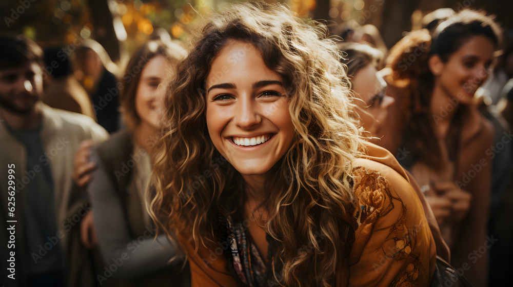 young women smiling at the festival background young women smiling at the festival background