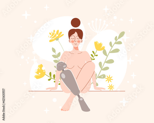 Beautiful young girl with prosthesis. Vector character with prosthetic leg on floral background. Flat cartoon style
