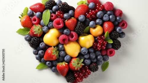 lackberry and raspberry, heart made of fruits, isolated on white background
 photo