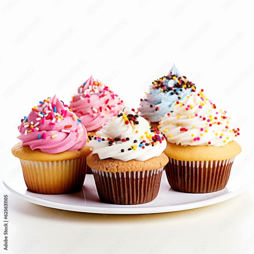 Illustration of delicious and colorful cupcakes with frosting and sprinkles created with Generative AI technology