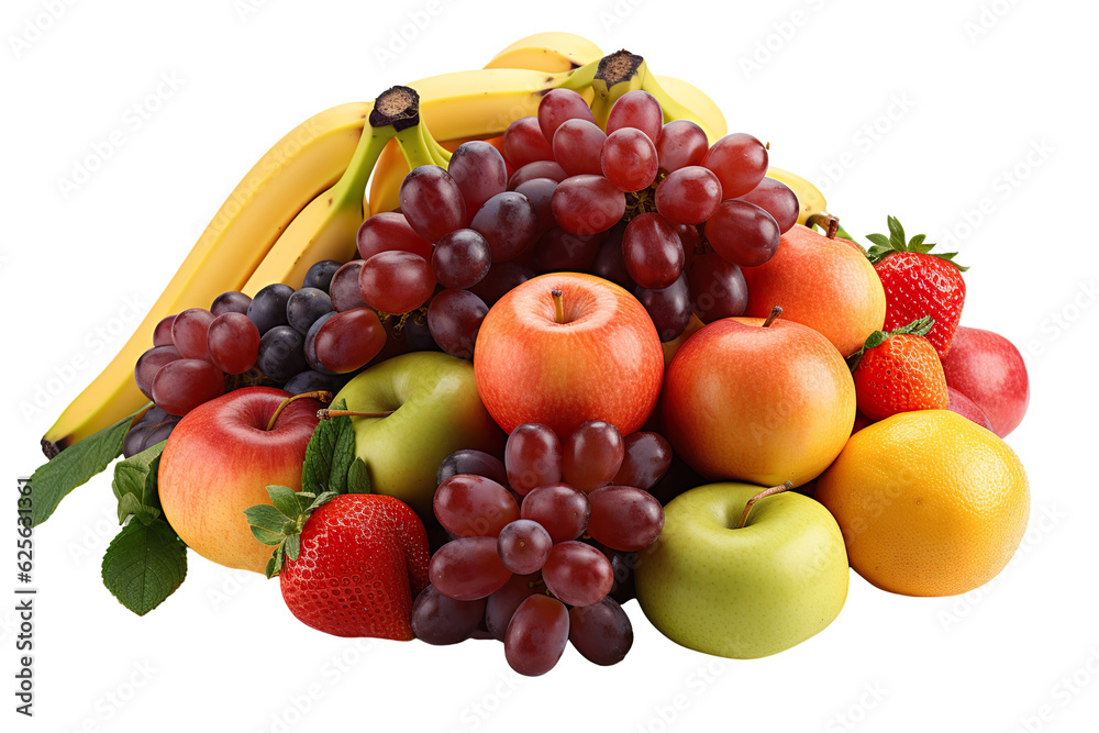 a realistic portrait of mix fruits in a basket isolated on white background PNG a realistic portrait of mix fruits in a basket isolated on white background PNG
